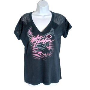 HARLEY DAVIDSON Women's L Black Purple Zebra Burnout Tee Shirt V-neck T-shirt